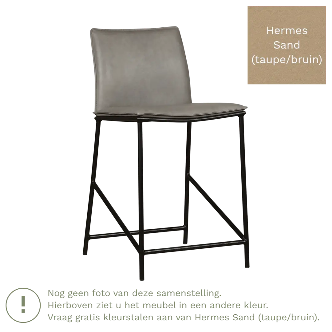 afbeelding van Leren barkruk laag Favor - Hermes Sand (taupe/bruin) - poten staal rond zwart